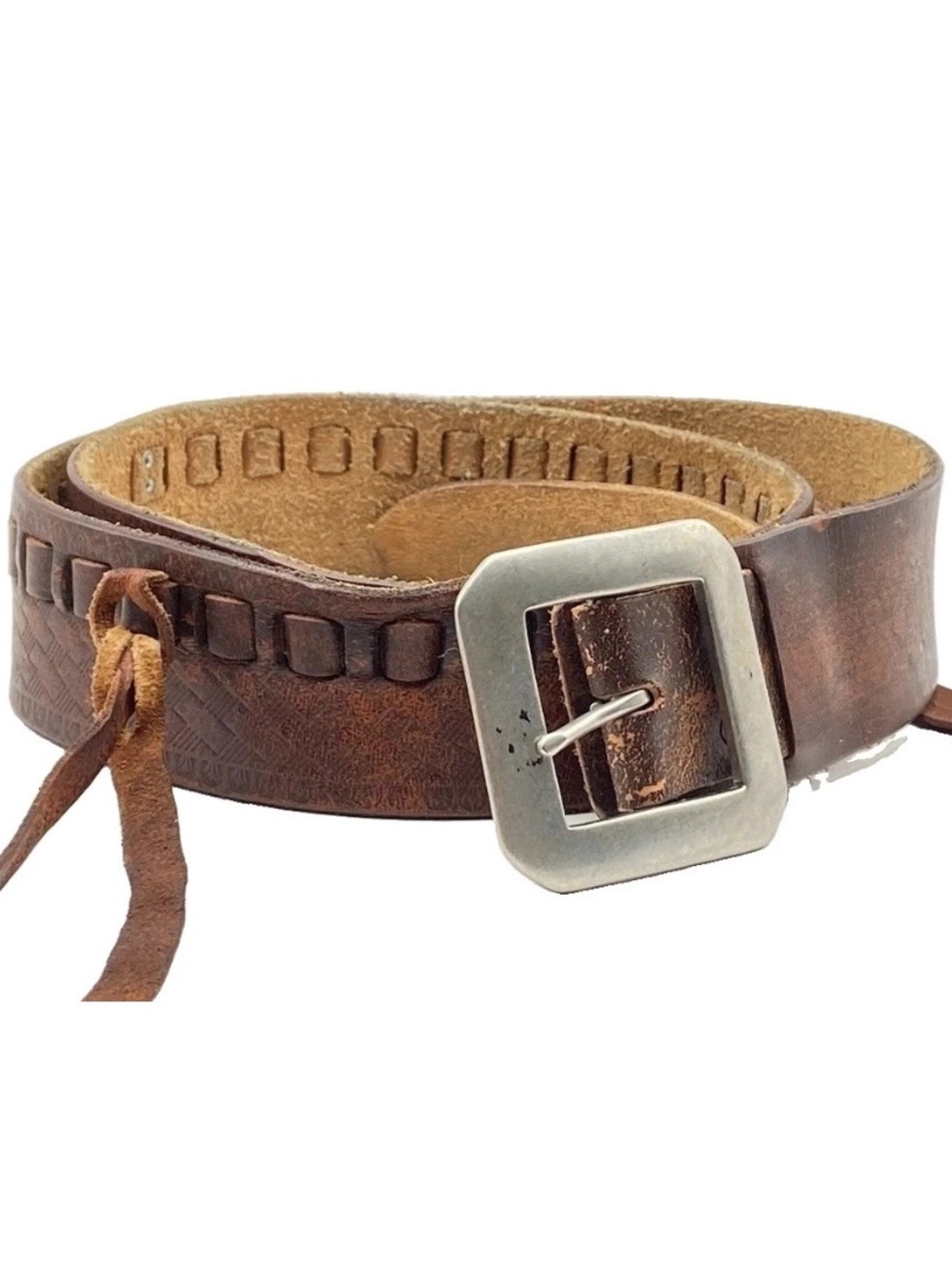 CAbi Genuine Leather Belt Medium Brown Tooled Western Boho Tassel Buckle